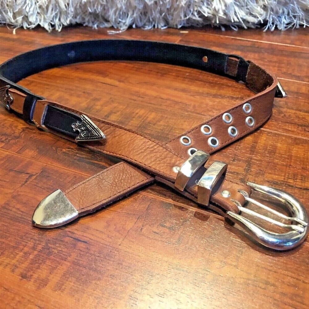 Vintage Black Brown Size M 32 Leather Southwestern Silvertone Hardware B…